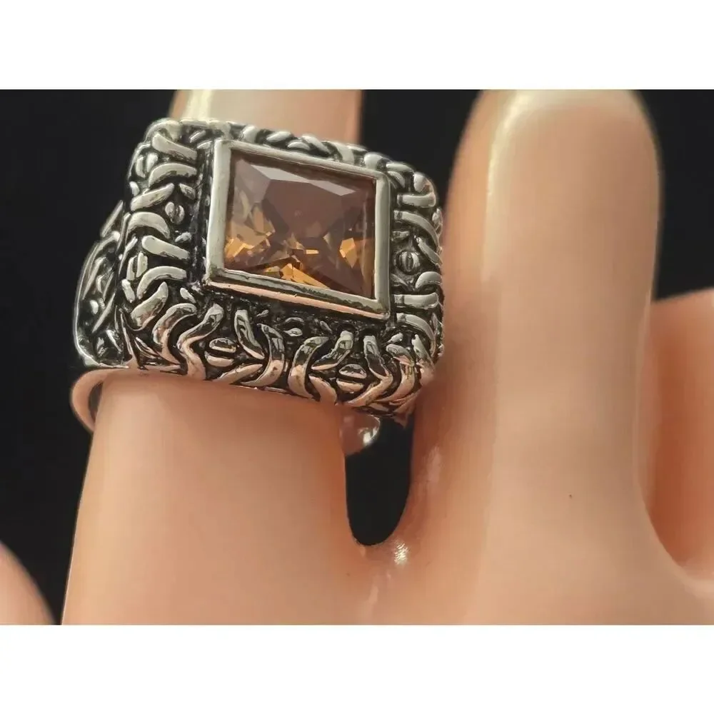 Women's Size 9 Amber Crystal CZ Silver Tone Ring